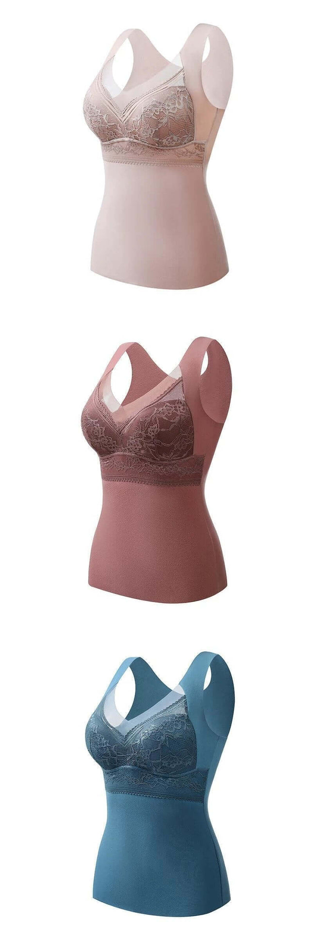 Double-Sided Sanded Heating Bra With Removable Chest Pads in skin, light brown, camel and dark blue layered display