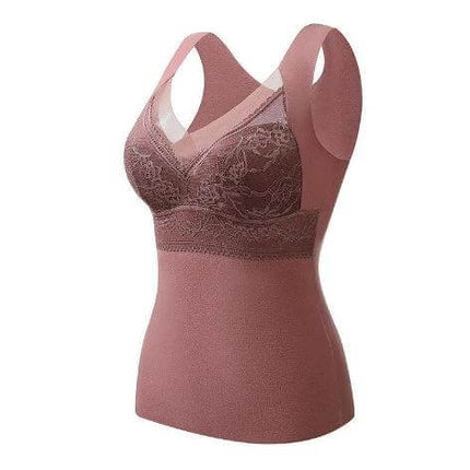 Double-Sided Sanded Heating Bra With Removable Chest Pads in dusty rose vest-style with lace cups and wide straps for layered warmth