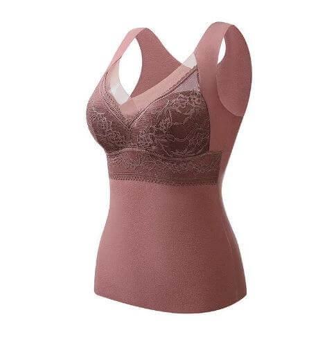 Double-Sided Sanded Heating Bra With Removable Chest Pads in dusty rose vest-style with lace cups and wide straps for layered warmth