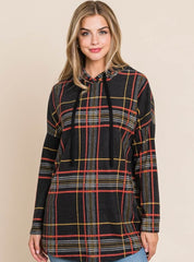 BOMBOM Drawstring Plaid Long Sleeve Hoodie