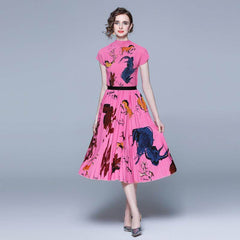 Chic Ethnic Style Printed Stand Collar Two-Piece Pleated Fashion Suit Set in Mesh Fabric