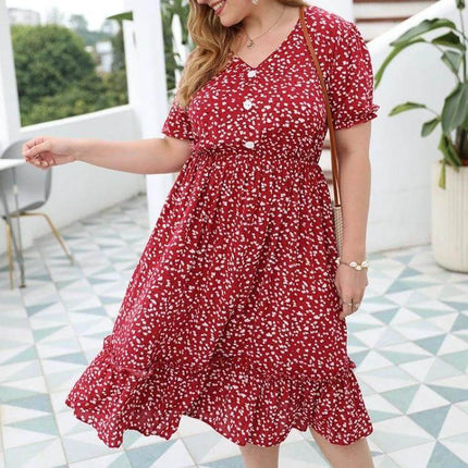 Women's Plus Size Floral Cotton Sun Dress in Rouge Color on model, knee-length ruched waist, short sleeves, white floral print