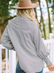 Striped Lantern Sleeve Collared Shirt