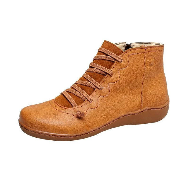 Women's Casual High Top Short Boots With Low Heel Round Toe in tan PU with side zipper, cotton lining and low 1–3 cm heel for everyday wear