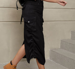 Drawstring Ruched Slit Denim Midi Skirt