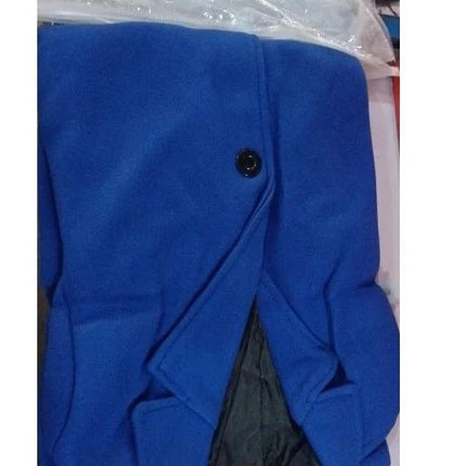 Men's Slim Fit Mid-Length Trench Coat for Fall and Winter in cobalt blue woolen fabric folded to show lapel and button