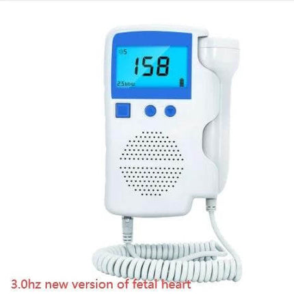 Portable Fetal Heart Rate Monitor for Home Pregnancy Use - handheld waterproof fetal doppler showing 158 bpm on blue LCD for at-home pregnancy checks