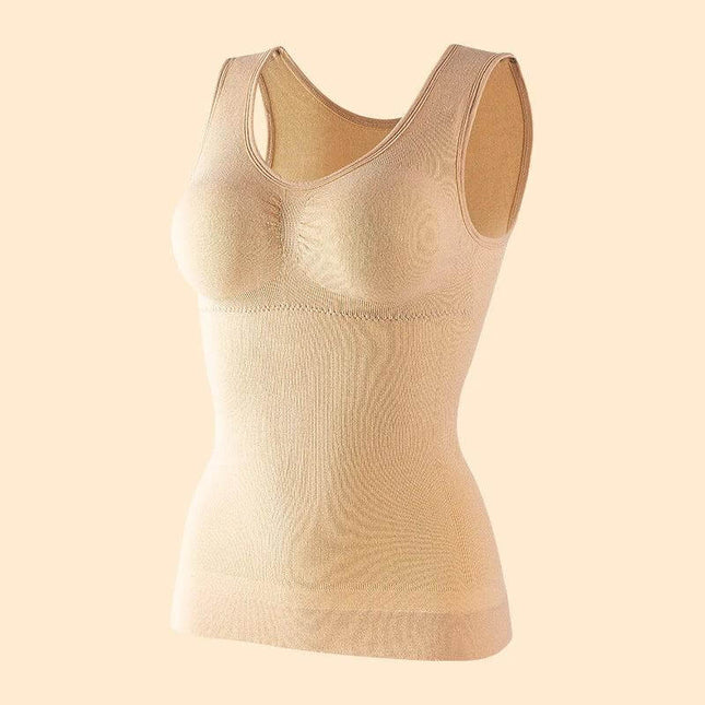 Women's Belly Sculpting Double Layer Tank Top with Built-in Bra in nude seamless spandex with built-in bra for workout and everyday support