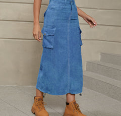 Drawstring Ruched Slit Denim Midi Skirt