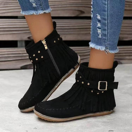 Retro Suede Ankle Boots With Tassel Rivet Flat Winter Wear - black suede fringe boots with side zipper and studded tassel detail