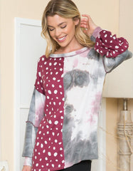 Celeste Full Size Polka Dot and Tie Dye Vertical Contrast Exposed Seam T-Shirt