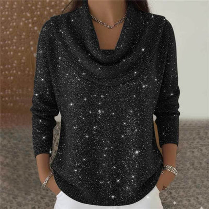 Relaxed Round Neck Knit Sweater for Women with Soft Shine in black sparkly knit, relaxed fit, cowl-like round neckline, long sleeves, casual layering staple