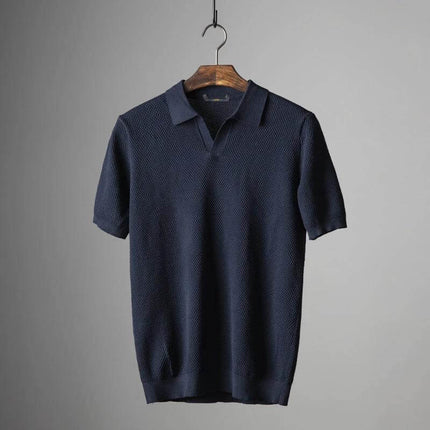 Men's Cotton V-Neck Short Sleeve Lapel Top for Everyday Wear, navy blue breathable cotton v-neck with lapel on hanger