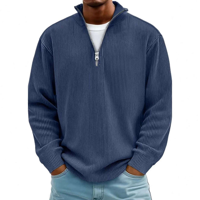 Men's Corduroy Zipper Stand Collar Long Sleeve Sweatshirt in navy blue on male model, half-zip, ribbed texture, casual layering piece