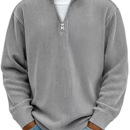Alt Tag: Men's Corduroy Zipper Stand Collar Long Sleeve Sweatshirt in gray, half-zip, ribbed corduroy for casual layering
