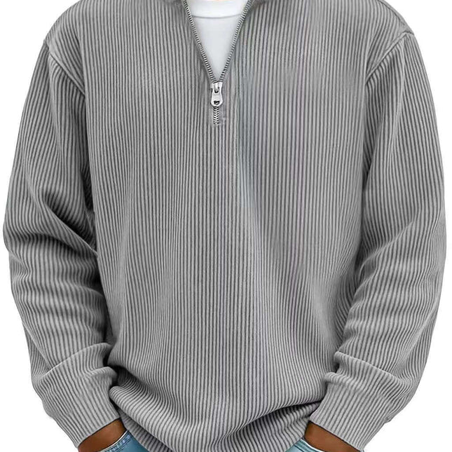 Men's Corduroy Zipper Stand Collar Long Sleeve Sweatshirt in gray with half-zip, long sleeves, ribbed corduroy texture, casual everyday styling