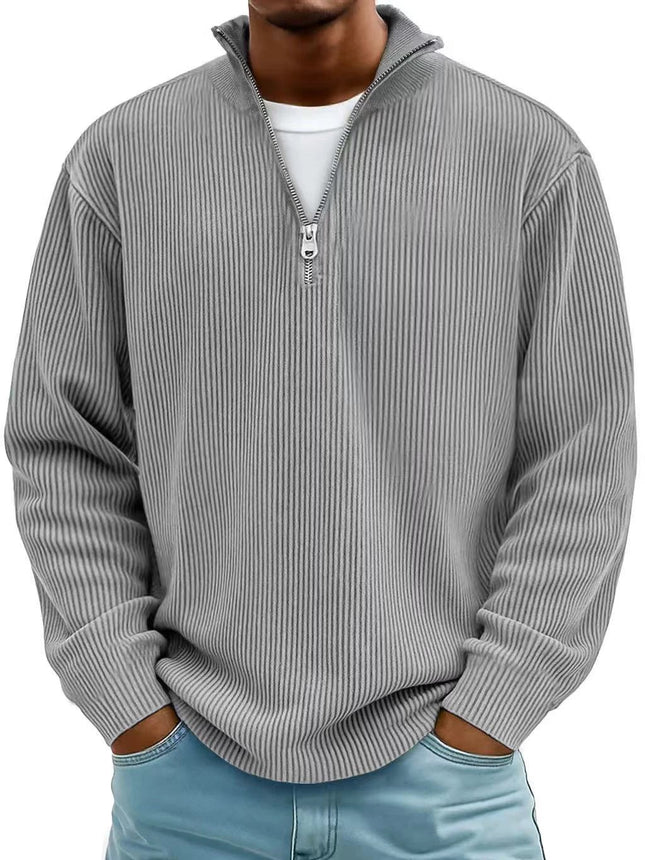 Alt Tag: Men's Corduroy Zipper Stand Collar Long Sleeve Sweatshirt in gray, half-zip, ribbed corduroy for casual layering