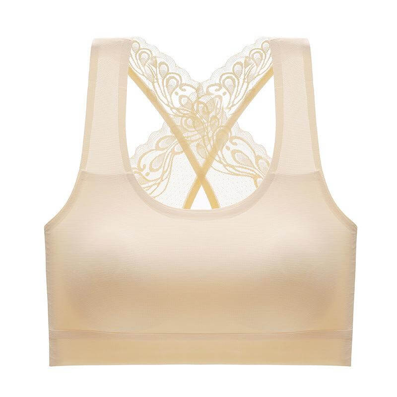 Seamless No-Rims Latex Women's Comfort Bra with lace back design in beige showing stylish and comfortable construction