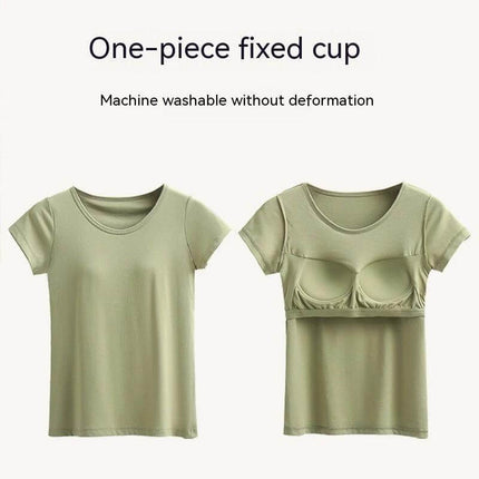 Women's Comfortable Short-Sleeved T-Shirt with Built-in Chest Pad in light green showing front and inner fixed cup, breathable viscose for summer