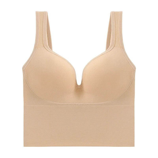 Women's Comfortable Sports Bra with Soft Back Support and Straps in nude, vest-style double-strap breathable nylon for everyday comfort and moderate lift