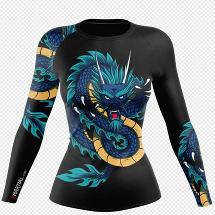 XMartial Women's Blue Dragon Long-Sleeve Shirt for Everyday Wear - black long-sleeve with striking blue dragon graphic, casual and active women's top