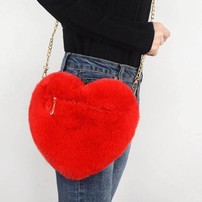 Plush Heart Shoulder Bag With Chain Strap Medium Pink | Syndmart