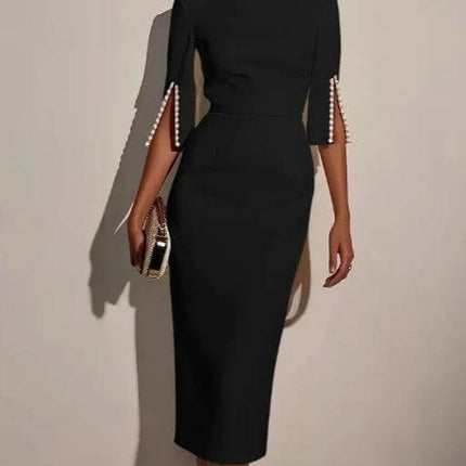 Elegant Pearl Accent Dress With Slit Sleeves For Everyday Wear - black polyester midi dress with pearl trim on slit sleeves, fitted silhouette, versatile styling