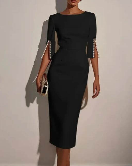 Elegant Pearl Accent Dress With Slit Sleeves For Everyday Wear - black polyester midi dress with pearl trim on slit sleeves, fitted silhouette, versatile styling