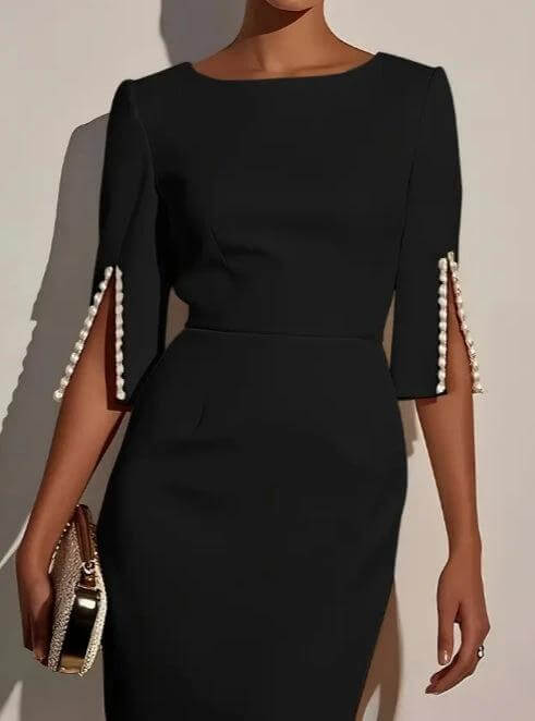 Elegant Pearl Accent Dress With Slit Sleeves For Everyday Wear — black polyester sheath dress with pearl‑trim slit sleeves, styled with clutch