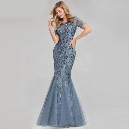 Elegant Fishtail Evening Dress for Formal Occasions in slate blue net yarn with sequin mesh embroidery, short sleeves and bead detailing