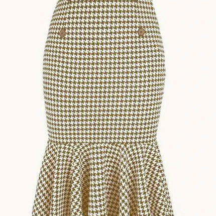 Elegant Commuter Houndstooth Hip Skirt For Everyday Office Wear - tailored polyester blend houndstooth hip skirt with button detail and flared hem