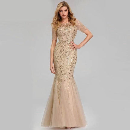 Elegant Fishtail Evening Dress for Formal Occasions gold sequin mesh embroidered mermaid gown with short sleeves and bead detailing
