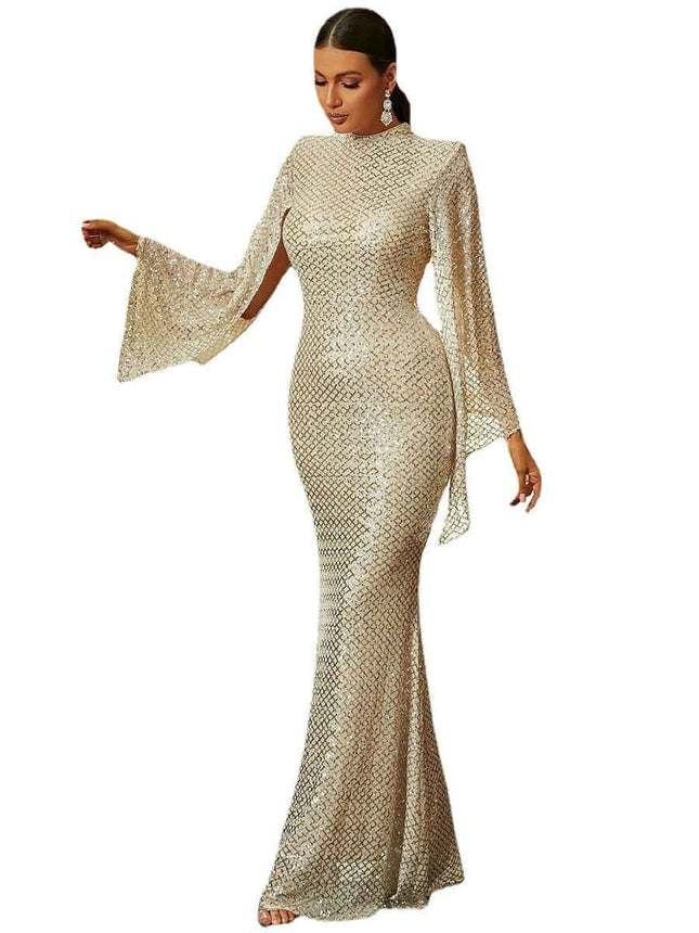 Elegant Gold Evening Dress For Formal Occasions And Events - Tencel gold gown with fitted silhouette and flowing cape sleeves for weddings and galas