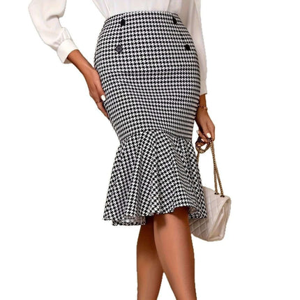 Alt Tag: Elegant Commuter Houndstooth Hip Skirt For Everyday Office Wear — tailored houndstooth hip-length skirt with button detail and flared hem for commuting