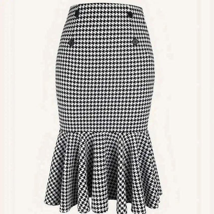 Elegant Commuter Houndstooth Hip Skirt For Everyday Office Wear — tailored polyester blend hip skirt with button detail and flared hem for commuting