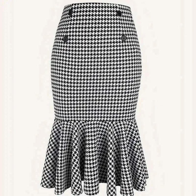 Elegant Commuter Houndstooth Hip Skirt For Everyday Office Wear — tailored polyester blend hip skirt with button detail and flared hem for commuting