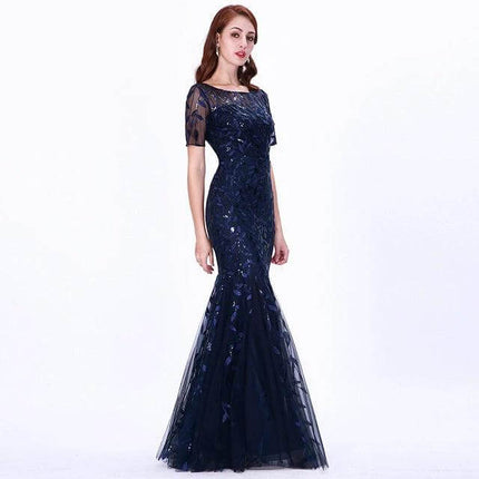 Elegant Fishtail Evening Dress for Formal Occasions navy sequin mermaid gown with short sleeves and bead detailing for proms weddings