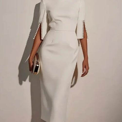 Elegant Pearl Accent Dress With Slit Sleeves For Everyday Wear - white polyester midi dress with pearl-trim slit sleeves styled with clutch