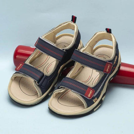 Elementary School Boys Velcro Sandals For Everyday Comfort - navy striped synthetic leather sandals with cushioned footbed and single Velcro strap