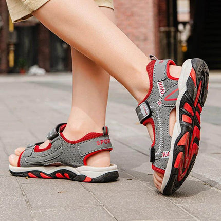 Elementary School Boys Velcro Sandals For Everyday Comfort - gray red synthetic leather casual sandals with single Velcro strap for school and play