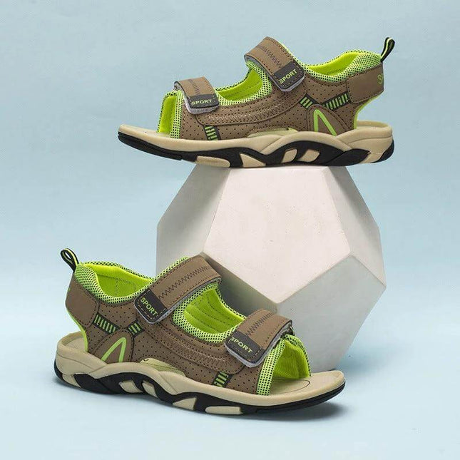 Elementary School Boys Velcro Sandals For Everyday Comfort - brown and neon green casual synthetic leather sandals with single Velcro strap