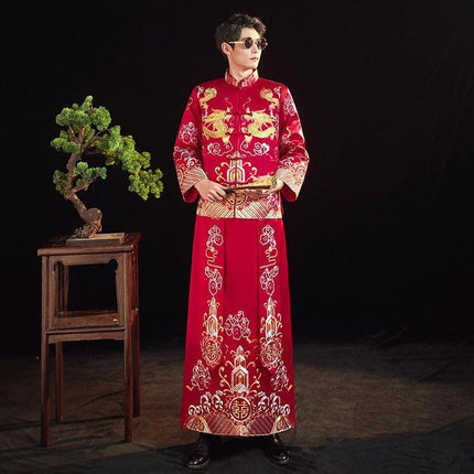 Embroidered Cheongsam Dress For Chinese Wedding Couples in red with gold dragon embroidery and multi-pleated skirt, traditional wedding attire