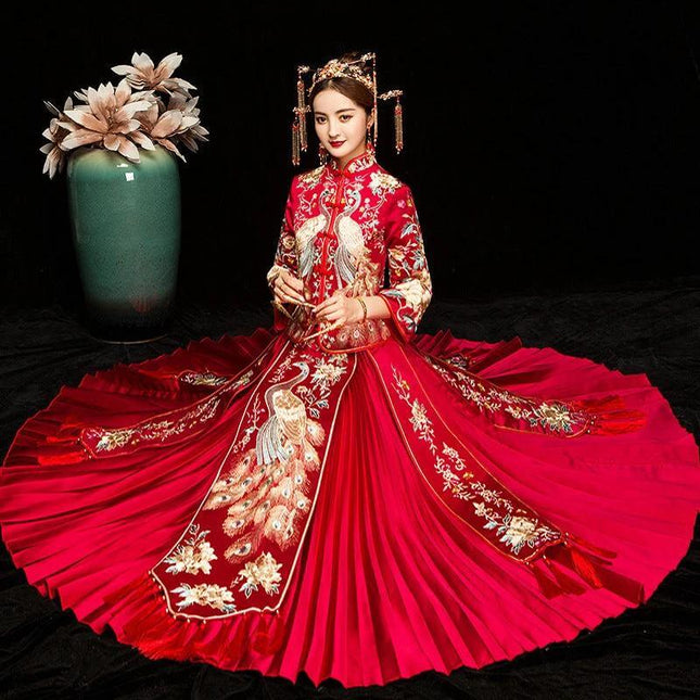 Embroidered Cheongsam Dress For Chinese Wedding Couples in red with peacock embroidery, pleated skirt and traditional headpiece for weddings