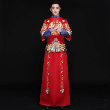 Embroidered Cheongsam Dress For Chinese Wedding Couples in red with gold dragon embroidery, pleated skirt and seven-point sleeves for ceremonies