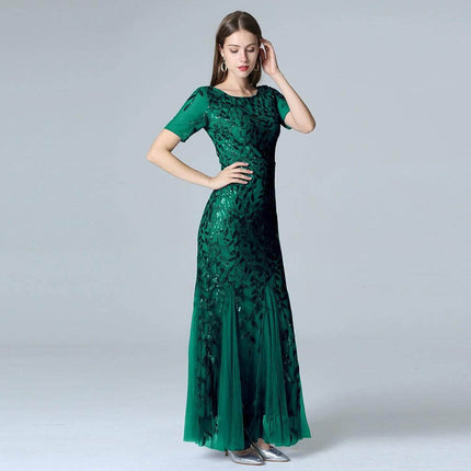 Evening Dress Floor-Length For Formal Occasions You Can Wear – green lace embroidered round-neck floor-length gown styled with shawl and neutral heels
