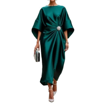 Satin Long High Waist Dress With Pearl Flower Accent in emerald satin, batwing sleeves, pullover silhouette styled with clutch and heels