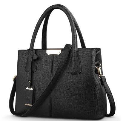 European Style PU Shoulder Messenger Bag With Lychee Pattern - black textured PU handbag with top handles and adjustable shoulder strap for everyday use