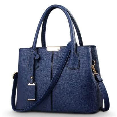 European Style PU Shoulder Messenger Bag With Lychee Pattern navy blue textured PU bag with top handles and adjustable shoulder strap compact everyday handbag