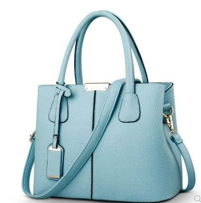 European Style PU Shoulder Messenger Bag With Lychee Pattern light blue textured PU handbag with top handles and adjustable shoulder strap