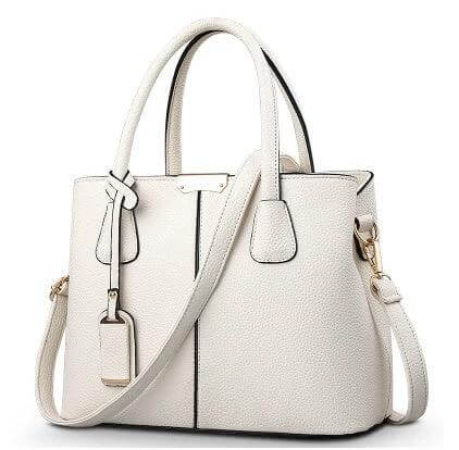 European Style PU Shoulder Messenger Bag With Lychee Pattern in white textured PU with top handles and adjustable shoulder strap, compact structured everyday purse